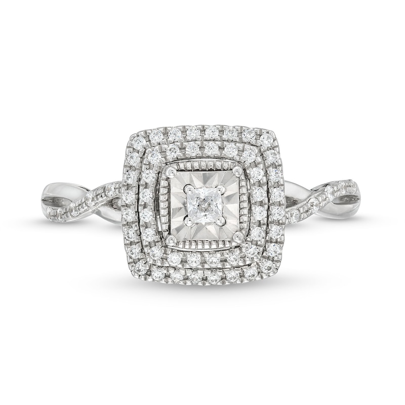 Main Image 4 of 0.25 CT. T.W. Princess-Cut Diamond Miracle Cushion Frame Vintage-Style Engagement Ring in 10K White Gold