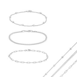 Saturn Chain, Paper Clip Chain and Curb Chain Bracelet Set in Solid Sterling Silver  - 7.5&quot;