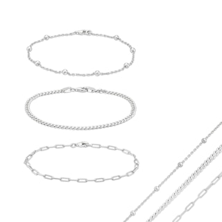 Saturn Chain, Paper Clip Chain and Curb Chain Bracelet Set in Solid Sterling Silver  - 7.5"