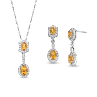 Oval Citrine and White Lab-Created Sapphire Ornate Frame Pendant and Drop Earrings Set in Sterling Silver