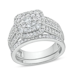 1.23 CT. T.W. Cushion Multi-Diamond Triple Row Bridal Set in 10K White Gold