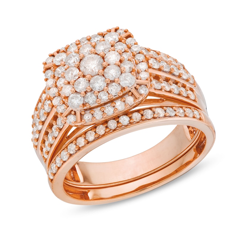 1.23 CT. T.W. Cushion Multi-Diamond Triple Row Bridal Set in 10K Rose Gold|Peoples Jewellers