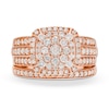 1.23 CT. T.W. Cushion Multi-Diamond Triple Row Bridal Set in 10K Rose Gold