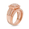 1.23 CT. T.W. Cushion Multi-Diamond Triple Row Bridal Set in 10K Rose Gold