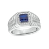 Thumbnail Image 1 of Men's Octagon-Shaped Blue Lab-Created Sapphire and 0.25 CT. T.W. Diamond Square-Top Ribbed Shank Ring in 10K White Gold