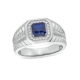 Men's Octagon-Shaped Blue Lab-Created Sapphire and 0.25 CT. T.W. Diamond Square-Top Ribbed Shank Ring in 10K White Gold