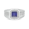 Men's Octagon-Shaped Blue Lab-Created Sapphire and 0.25 CT. T.W. Diamond Square-Top Ribbed Shank Ring in 10K White Gold