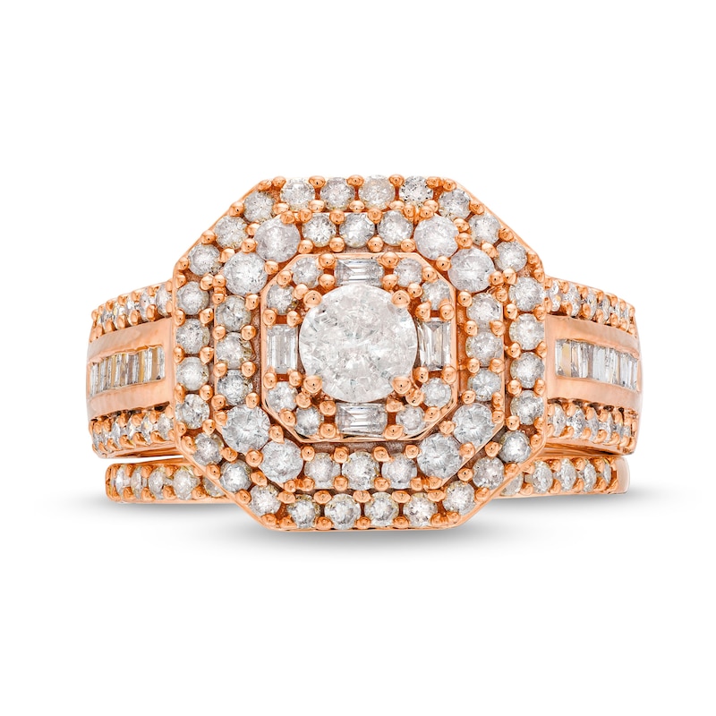 1.45 CT. T.W. Diamond Cushion Triple Row Octagon Frame Bridal Set in 10K Rose Gold