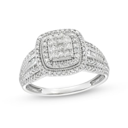 0.50 CT. T.W. Princess-Cut Multi-Diamond Cushion Frame Vintage-Style Engagement Ring in 10K White Gold