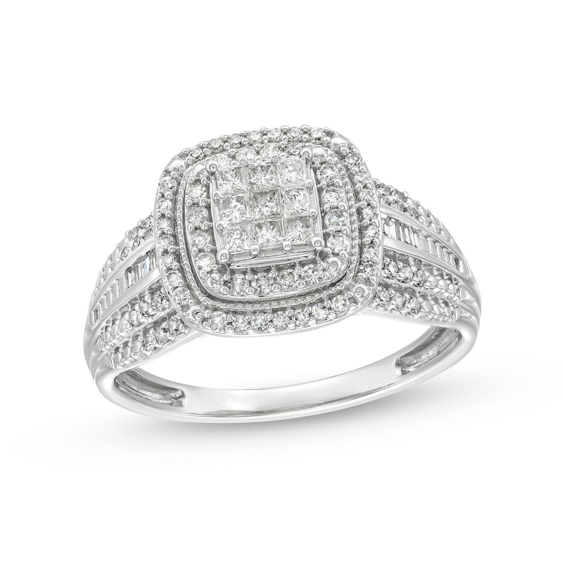 0.50 CT. T.W. Princess-Cut Multi-Diamond Cushion Frame Vintage-Style Engagement Ring in 10K White Gold|Peoples Jewellers