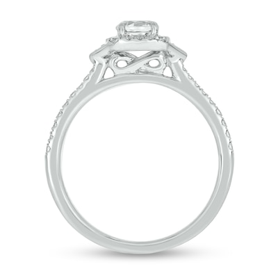 0.74 CT. T.W. Diamond Cushion Frame Chevron Collar Hidden Infinity Bridal Set in 10K White Gold