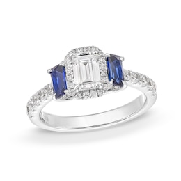 Vera Wang Love Collection 1.23 CT. T.W. Emerald-Cut Diamond and Sapphire Three Stone Engagement Ring in 14K White Gold