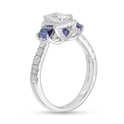 Vera Wang Love Collection 1.23 CT. T.W. Emerald-Cut Diamond and Sapphire Three Stone Engagement Ring in 14K White Gold