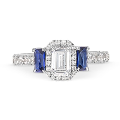 Vera Wang Love Collection 1.23 CT. T.W. Emerald-Cut Diamond and Sapphire Three Stone Engagement Ring in 14K White Gold