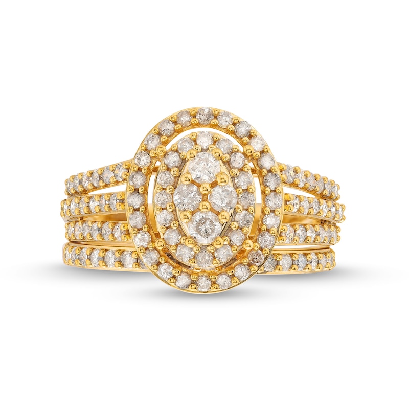 Main Image 4 of 0.95 CT. T.W. Oval Multi-Diamond Triple Row Split Shank Bridal Set in 10K Gold