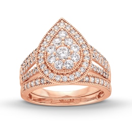 1.23 CT. T.W. Pear Multi-Diamond Teardrop Frame Split Shank Vintage-Style Bridal Set in 10K Rose Gold