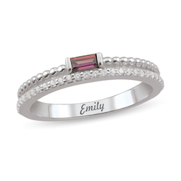 Sideways Baguette-Cut Gemstone and 0.24 CT. T.W. Diamond Engravable Split Double Row Ring (1 Stone and Line)