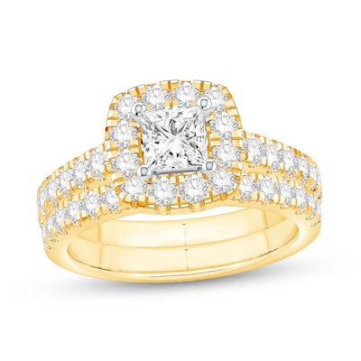 2.00 CT. T.W. Princess-Cut Diamond Cushion Frame Bridal Set in 14K Gold (I/I2)