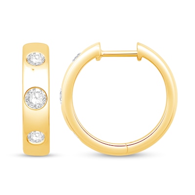 0.58 CT. T.W. Diamond Bezel Three Stone Hoop Earrings in 10K Gold