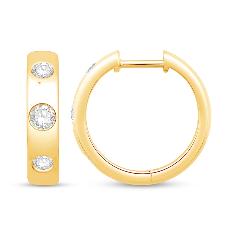 0.58 CT. T.W. Diamond Bezel Three Stone Hoop Earrings in 10K Gold|Peoples Jewellers
