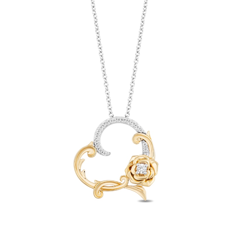 Enchanted Disney Belle 0.085 CT. T.W. Diamond Filigree Rose Heart Pendant in Sterling Silver and 14K Gold|Peoples Jewellers