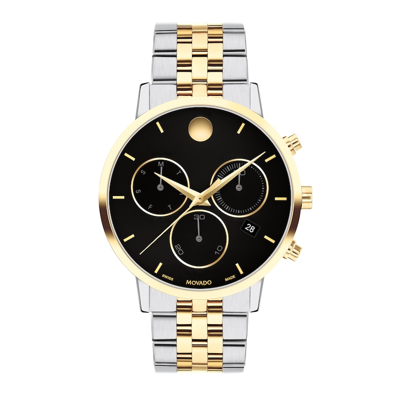 Men's Movado Museum® Classic Two-Tone PVD Chronograph Watch with Black Dial and Date Window (Model: 0607777)|Peoples Jewellers