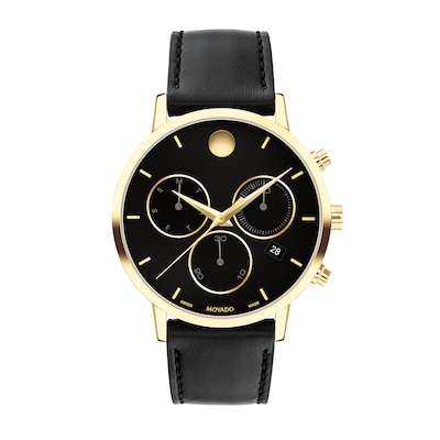 Men's Movado Museum® Classic Gold-Tone PVD Chronograph Strap Watch with Black Dial and Date Window (Model: 0607779)