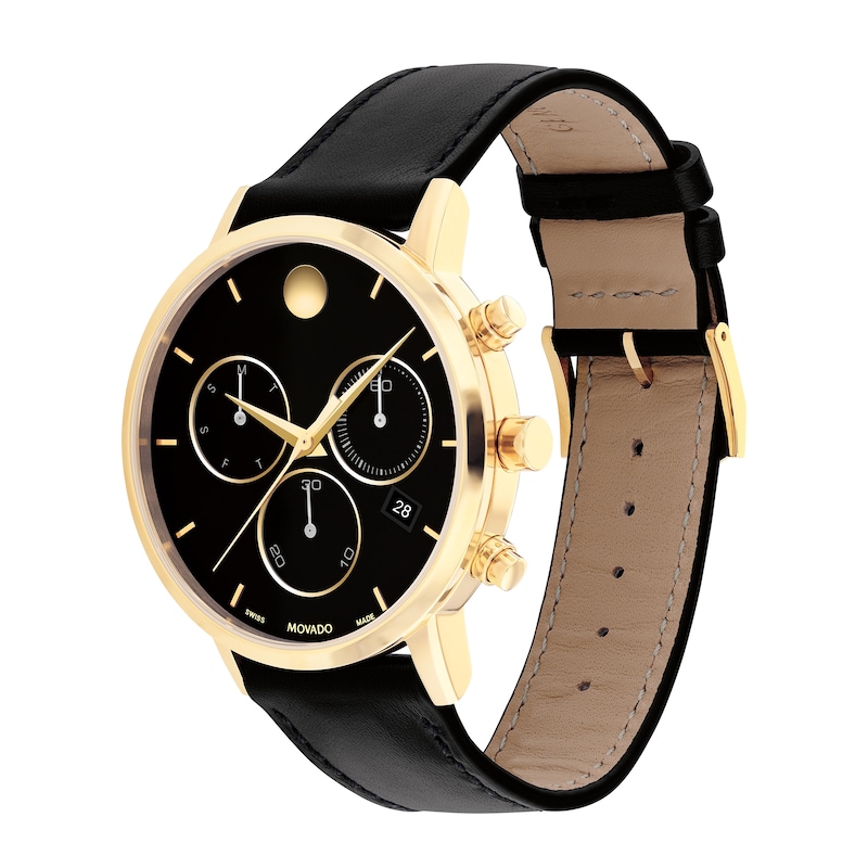 Men's Movado Museum® Classic Gold-Tone PVD Chronograph Strap Watch with Black Dial and Date Window (Model: 0607779)|Peoples Jewellers