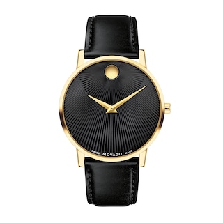 Men's Movado Museum® Classic Gold-Tone PVD Black Strap Watch with Burst Black Dial (Model: 0607799)