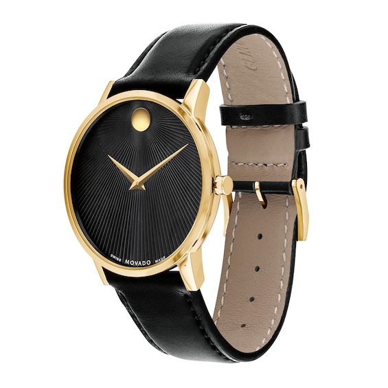 Men's Movado Museum® Classic Gold-Tone PVD Black Strap Watch with Burst Black Dial (Model: 0607799)