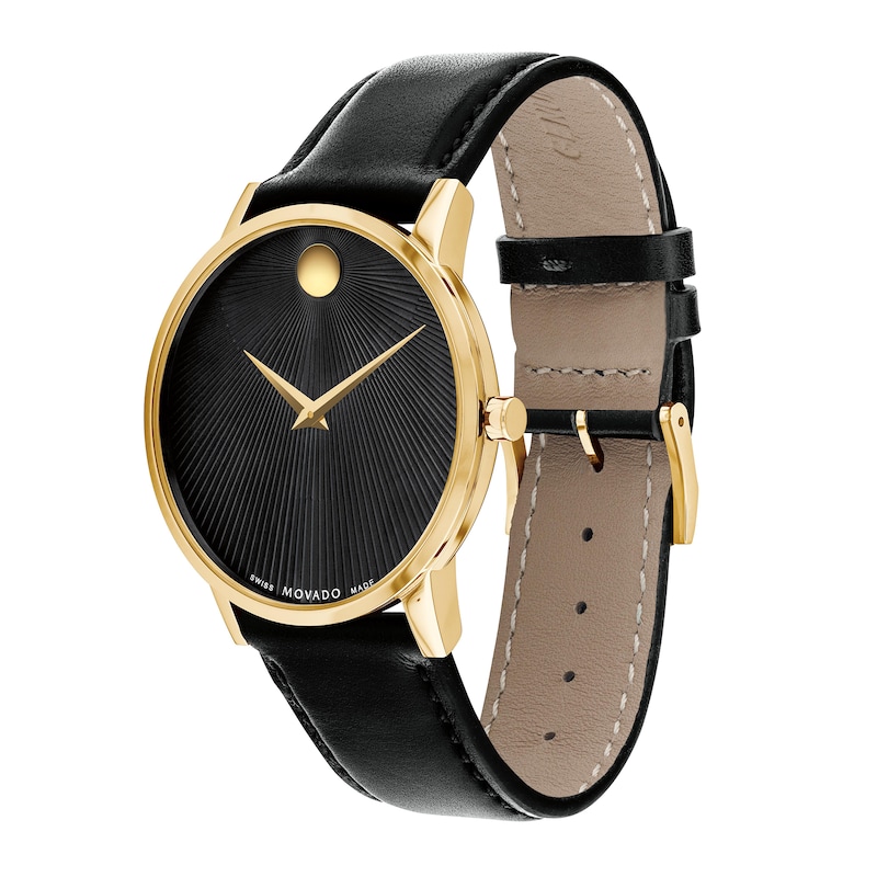 Men's Movado Museum® Classic Gold-Tone PVD Black Strap Watch with Burst Black Dial (Model: 0607799)|Peoples Jewellers