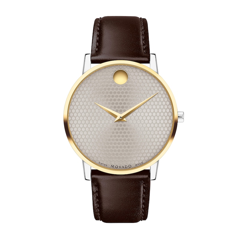 Men's Movado Museum® Classic Gold-Tone PVD Brown Strap Watch with Dotted Grey Dial (Model: 0607800)|Peoples Jewellers