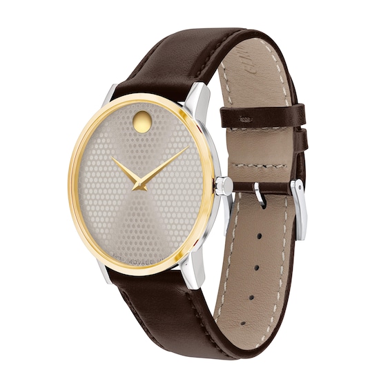 Men's Movado Museum® Classic Gold-Tone PVD Brown Strap Watch with Dotted Grey Dial (Model: 0607800)