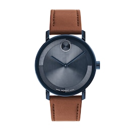 Men's Movado Bold® Evolution Blue IP Brown Strap Watch with Textured Tonal Blue Dial (Model: 3601093)