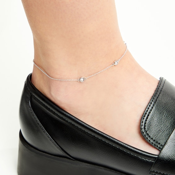 Diamond Accent Bezel-Set Station Anklet in Sterling Silver - 10"