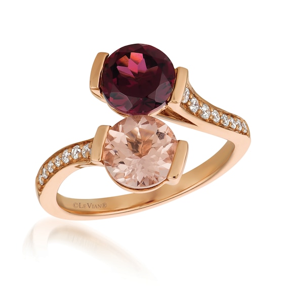 Le Vian® Raspberry Rhodolite®, Peach Morganite™ and 0.15 ct. t.w. Vanilla Diamond™ Bypass Ring in 14K Strawberry Gold™