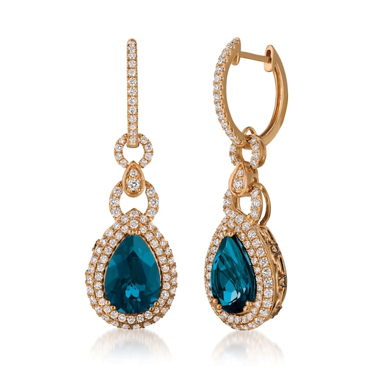 Le Vian® Pear-Shaped Deep Sea Blue Topaz™ and 1.60 CT. T.W. Diamond Doorknocker Drop Earrings in 18K Strawberry Gold™