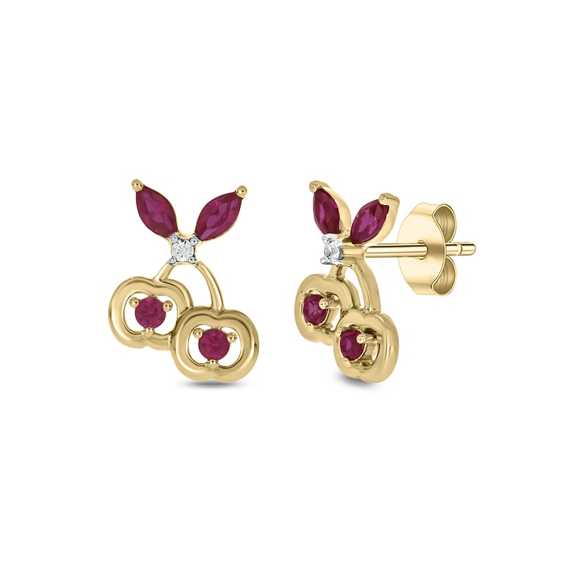 Lab-Created Ruby and Diamond Accent Cherries Stud Earrings in Sterling Silver with 14K Gold Plate|Peoples Jewellers