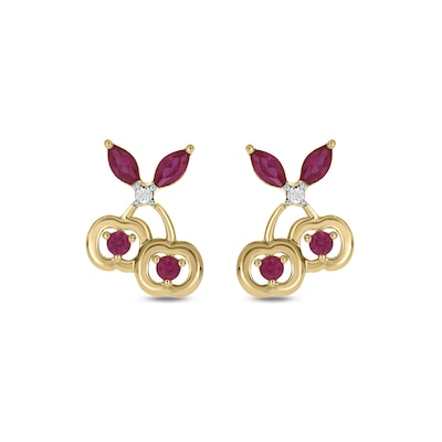 Lab-Created Ruby and Diamond Accent Cherries Stud Earrings in Sterling Silver with 14K Gold Plate