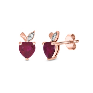 Heart-Shaped Lab-Created Ruby and Diamond Accent Apple Stud Earrings in Sterling Silver with 14K Rose Gold Plate