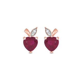 Heart-Shaped Lab-Created Ruby and Diamond Accent Apple Stud Earrings in Sterling Silver with 14K Rose Gold Plate