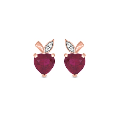 Heart-Shaped Lab-Created Ruby and Diamond Accent Apple Stud Earrings in Sterling Silver with 14K Rose Gold Plate