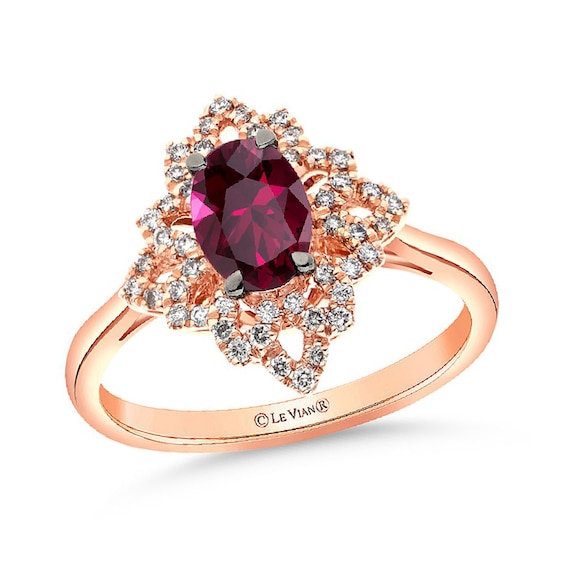 Le Vian® Raspberry Rhodolite Garnet™ and 0.15 CT. T.W. Nude Diamonds™ Floral Frame Ring in 14K Strawberry Gold™