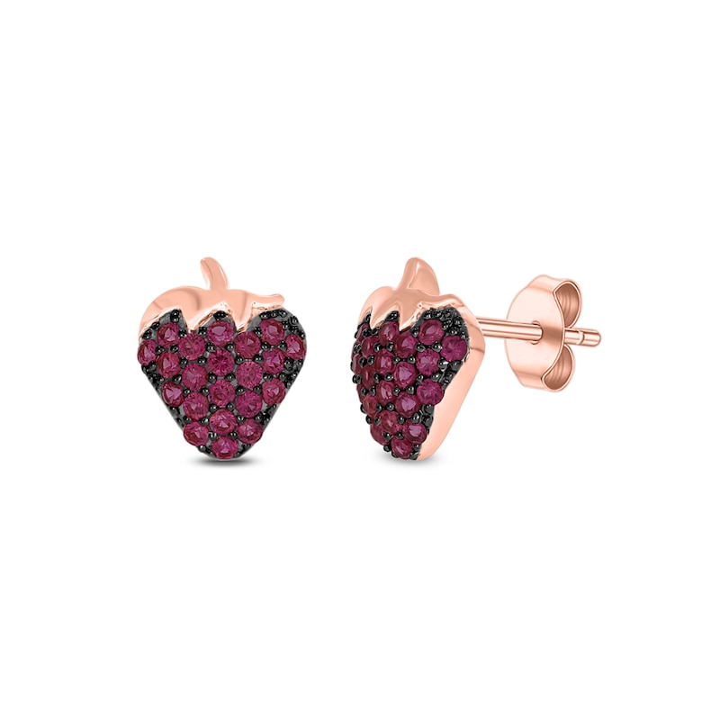 Lab-Created Ruby Strawberry Stud Earrings in Sterling Silver with 14K Rose Gold Plate|Peoples Jewellers
