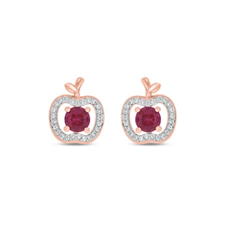 Lab-Created Ruby and 0.145 CT. T.W. Diamond Apple Stud Earrings in Sterling Silver with 14K Rose Gold Plate