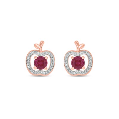 Lab-Created Ruby and 0.145 CT. T.W. Diamond Apple Stud Earrings in Sterling Silver with 14K Rose Gold Plate