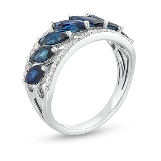 Slanted Marquise-Cut Blue Sapphire and 0.20 CT. T.W. Diamond Edge Band in 10K White Gold