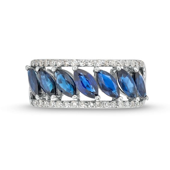 Slanted Marquise-Cut Blue Sapphire and 0.20 CT. T.W. Diamond Edge Band in 10K White Gold