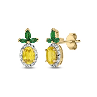 Lab-Created Sapphire, Lab-Created Emerald and Diamond Accent Pineapple Studs in Sterling Silver with 14K Gold Plate