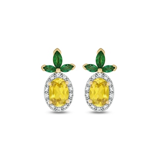 Lab-Created Sapphire, Lab-Created Emerald and Diamond Accent Pineapple Studs in Sterling Silver with 14K Gold Plate